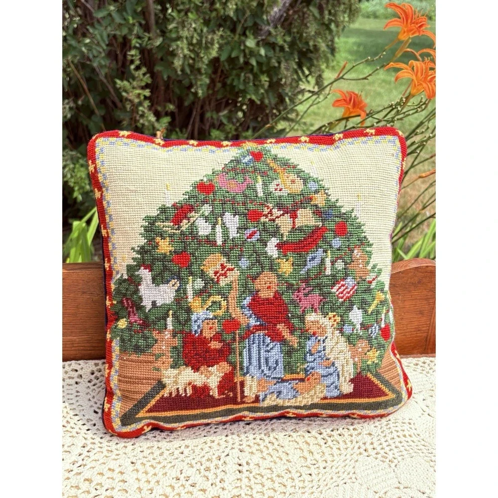 Vintage Wool Needlepoint Christmas Throw Pillow Zipper Velvet Back Tree Nativity